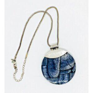 Large Vintage Blue Shell and Sterling Silver Disc Pendant Necklace Modernist